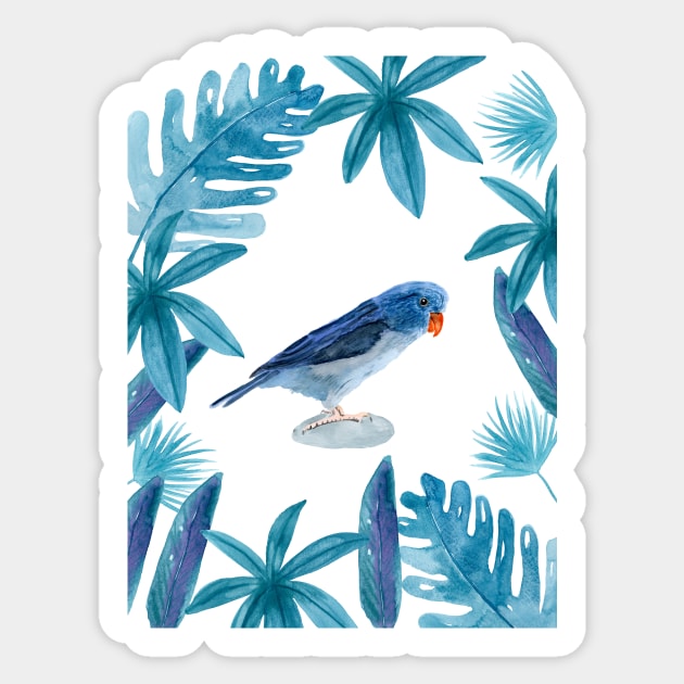 Blue Pacific Parrotlet with tropical leaves Sticker by Sandraartist